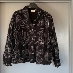 Floral Embroidered Black Denim Button Front Jacket Studio Works Woman sz 2X